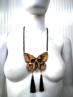 Sugar Skull Butterfly Necklace, Statement Luna Moth Gothic Tassel Bib, Macabre Jewelry Luxury Oddities