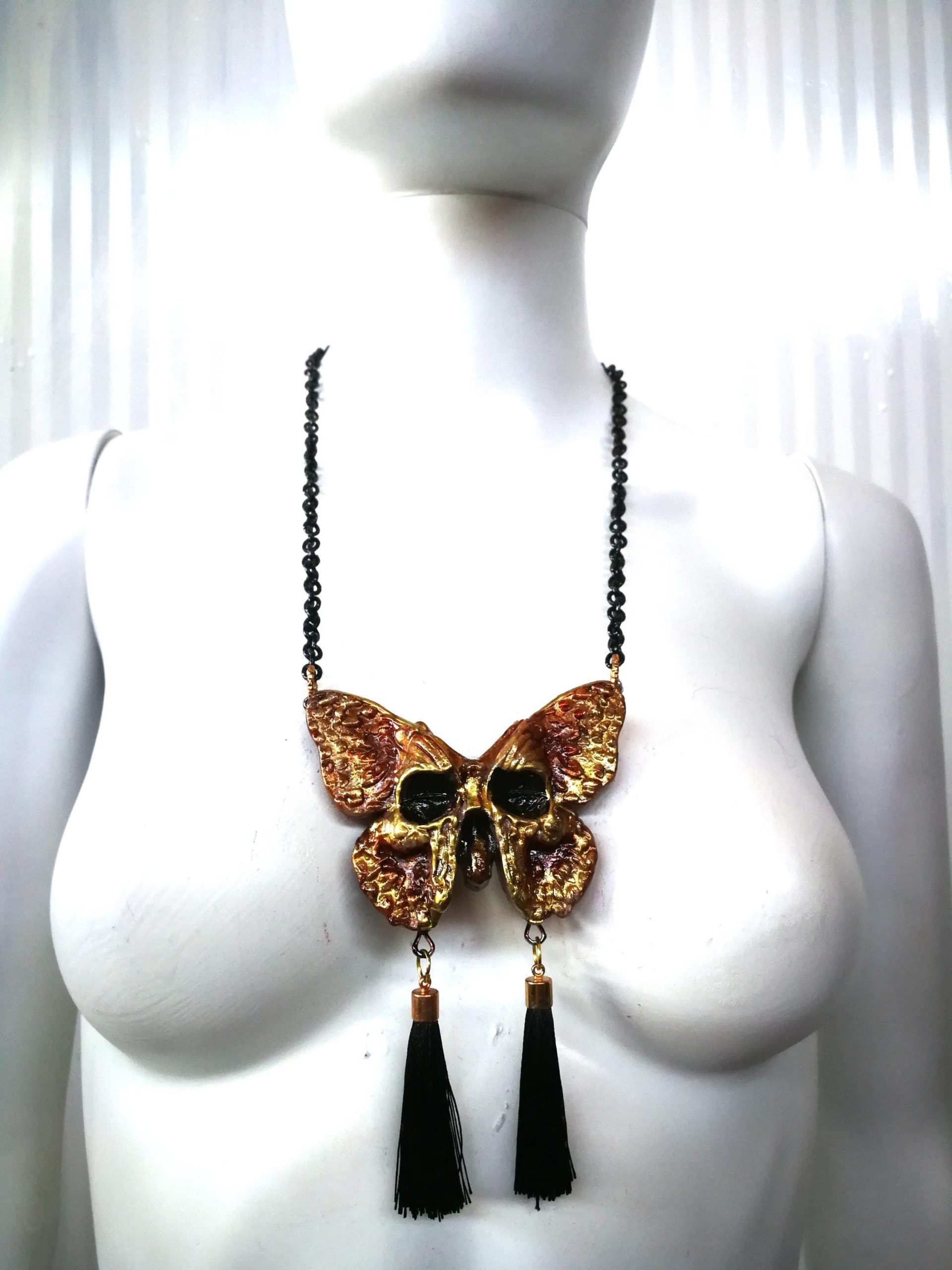 Sugar Skull Butterfly Necklace, Statement Luna Moth Gothic Tassel Bib, Macabre Jewelry Luxury Oddities