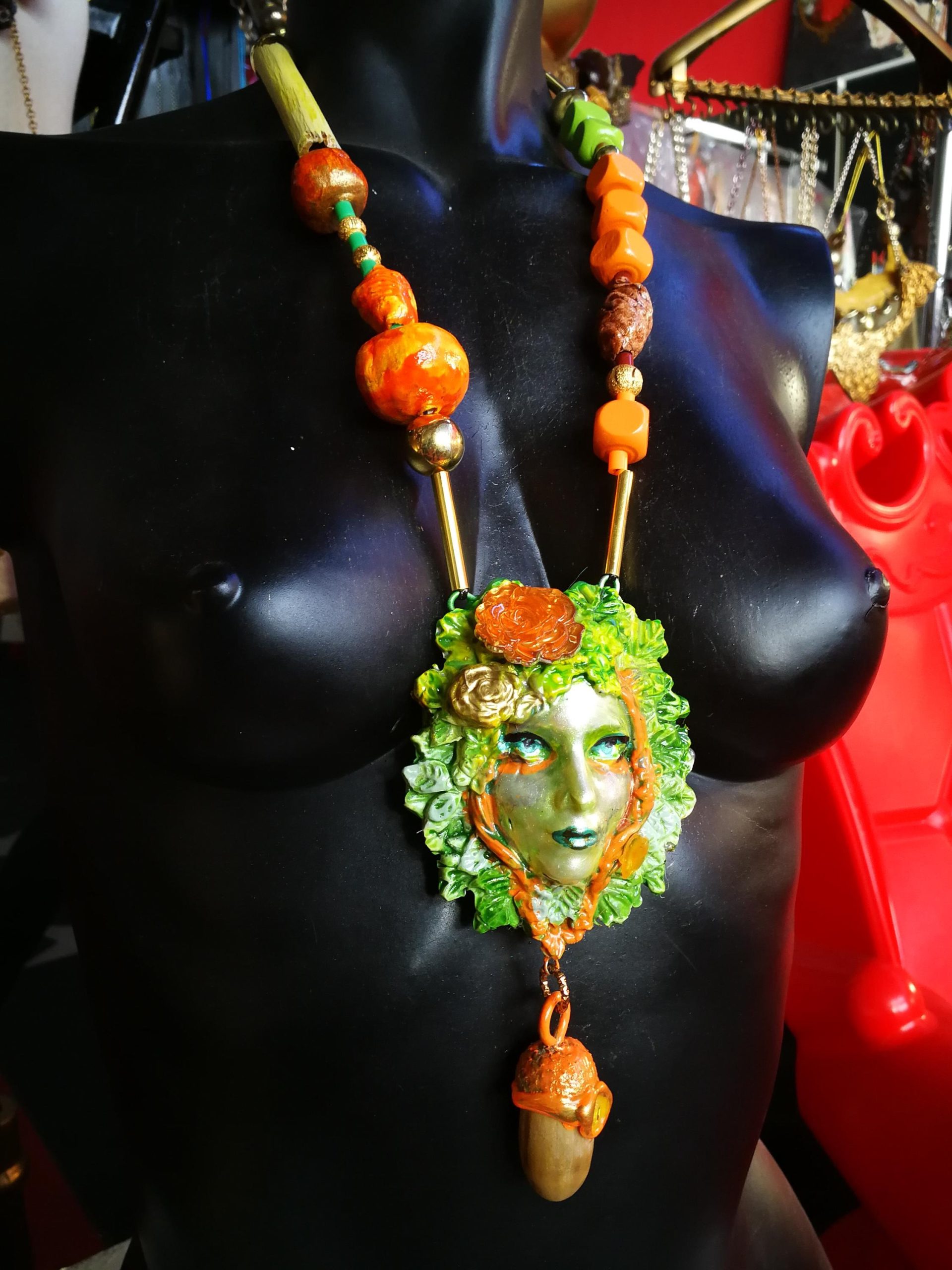 Handmade Forest Spirit Necklace, Green Witch Beaded Charm