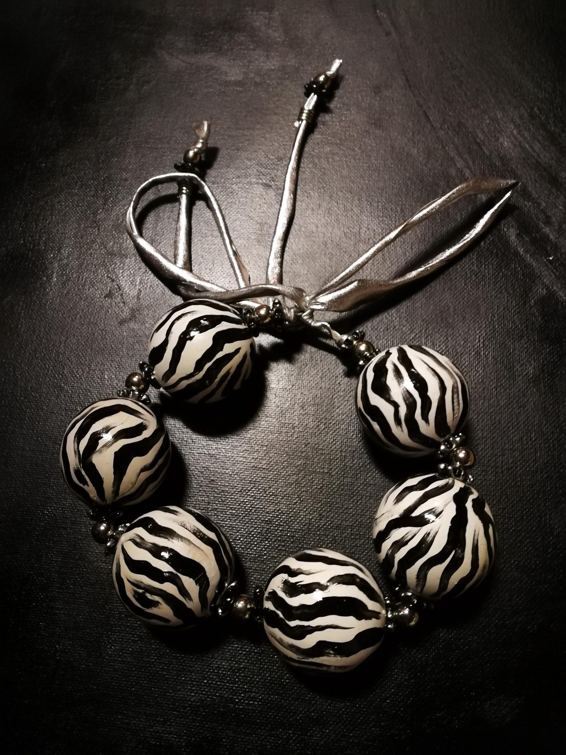 Oversize Beaded Necklace, Hand Painted Zebra Black & White Statement OOAK Couture Jewelry Sculptured Wild
