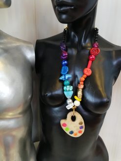 Artist Palette Pendant, Woman Painter Statement Jewelry, Beaded Handmade Sculpture Big Bold Chunky Necklace