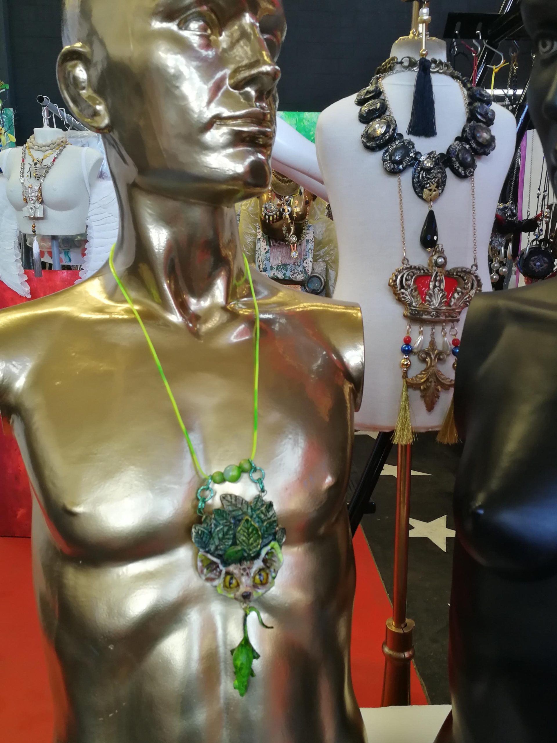 Statement Necklace - Animal Pendant Luxury Art Jewelry - Wild Cat Memorial Totem Sculptural Beaded Design