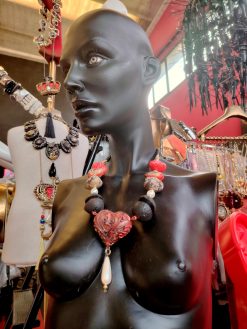 Sacred Heart, Burning Flame Ladies Jewel Chunky Natural Beaded Jewelry, Baroque Pendant Charm Collar