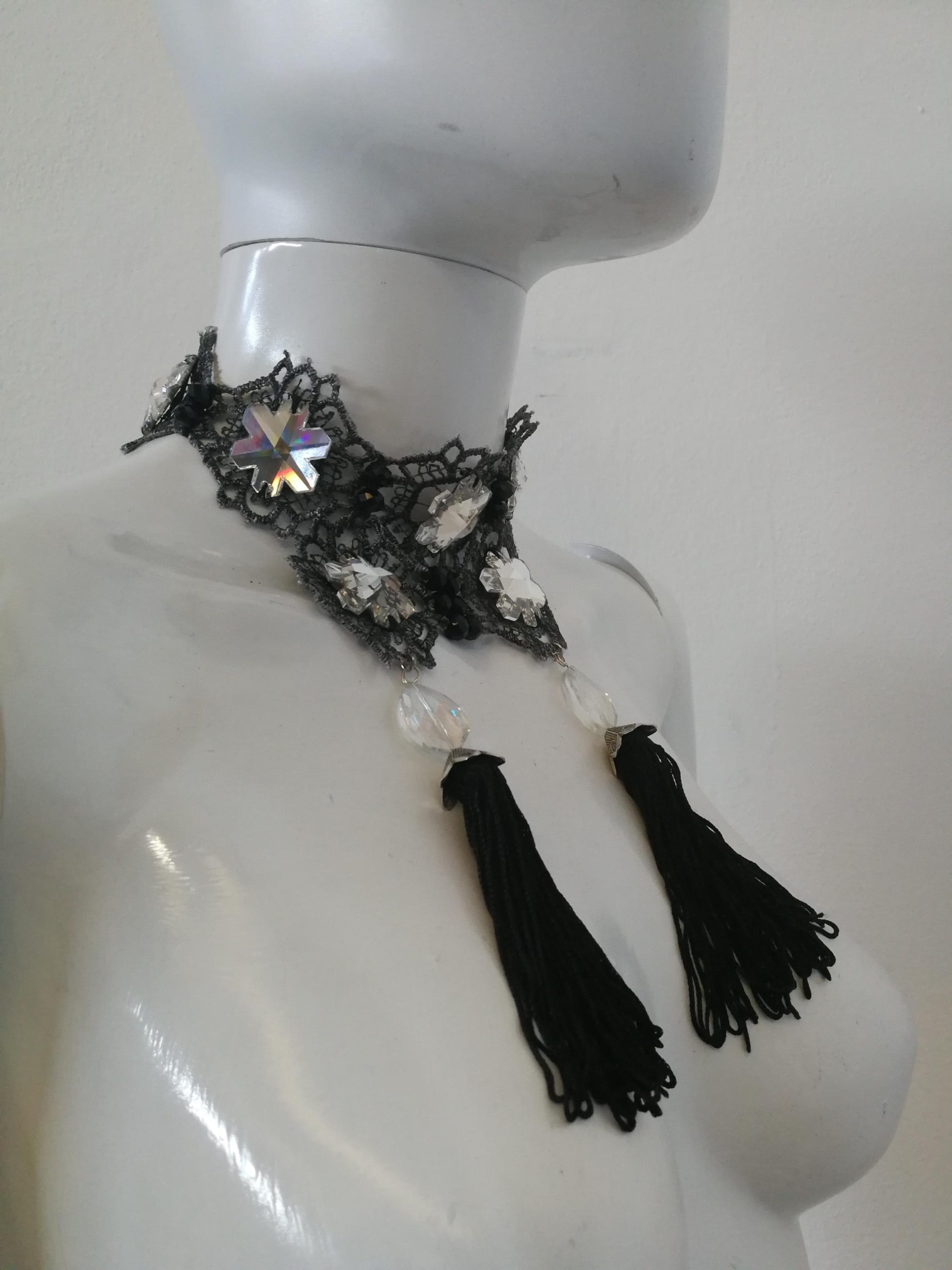 Maie Antoniette Collar, Strass Choker Jewelry, Embroidered Lace Crystal Bib, Victorian Baroque Necklace Tassel Charm