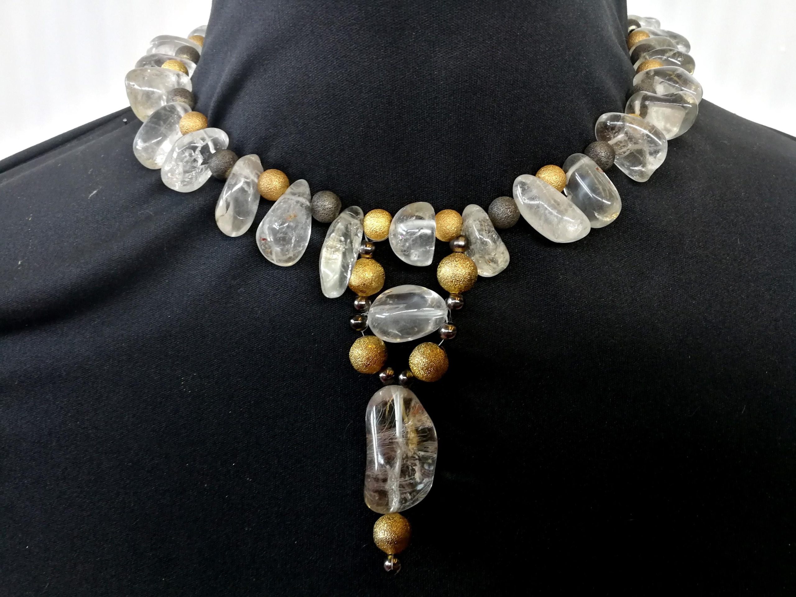 Quartz Necklace, Statement Chunky Jewelry, Clear Crystal Large Natural Stone, Gold Beaded Chain Designer