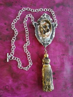 Art Deco Silver Pendant, Golden Music Ear, Brutalist Chain Locket
