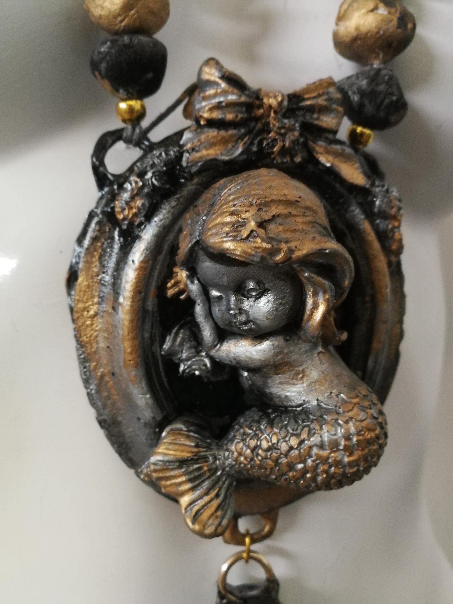 Handmade Sleeping Mermaid Pendant Necklace, Chunky Beaded Jewelry