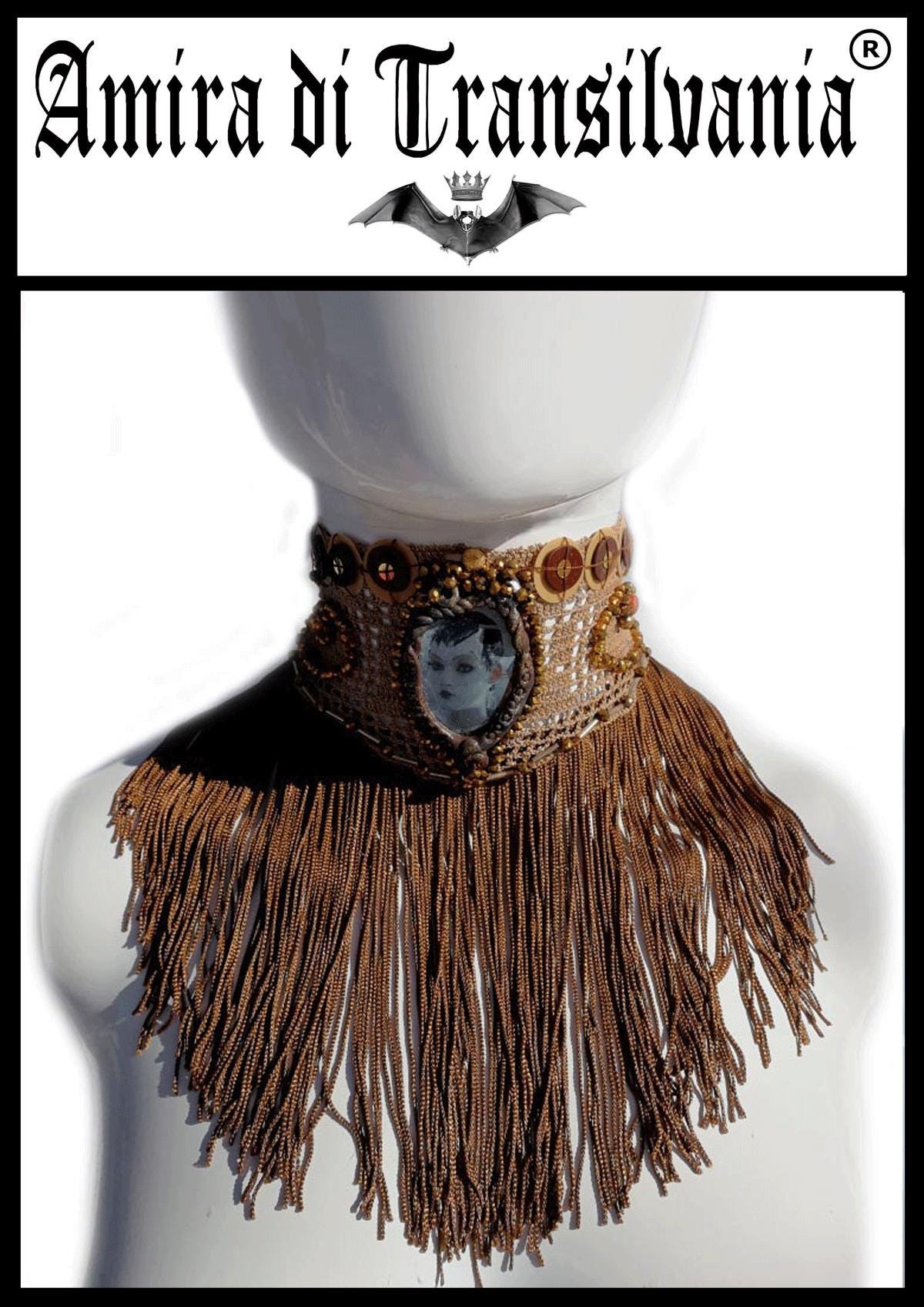 Handmade Macrame Lace Choker, Cameo Medallion, Fringe Collar