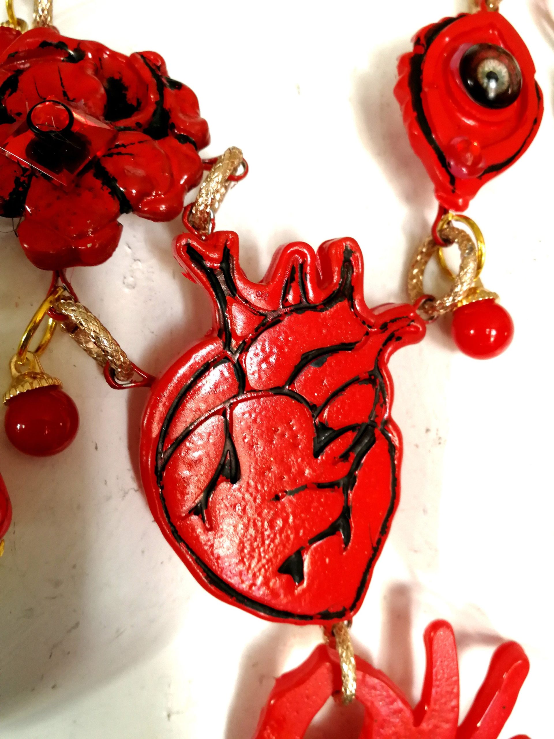 Red Anatomical Heart Statement Necklace, Evil Eye, Bee and Flower Charms