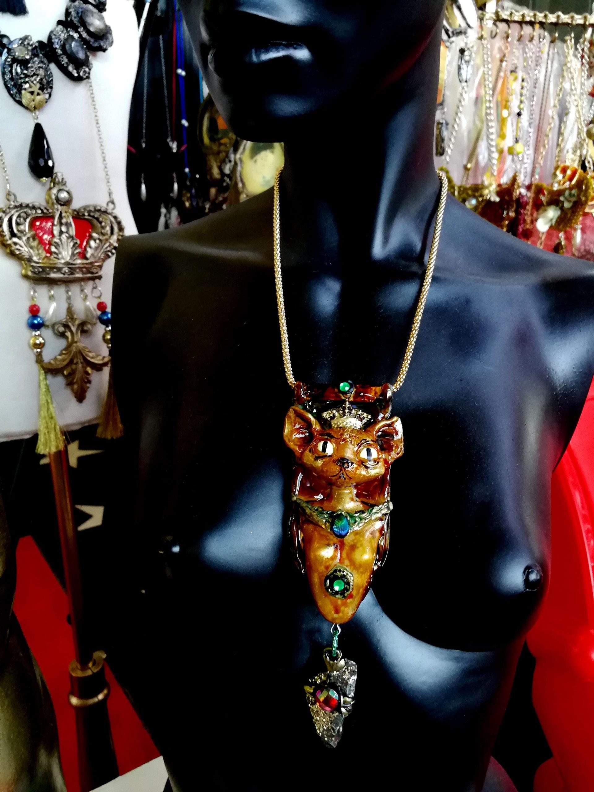 Handmade Bastet Cat Pendant, Belle Epoque Egyptian Revival Jewelry