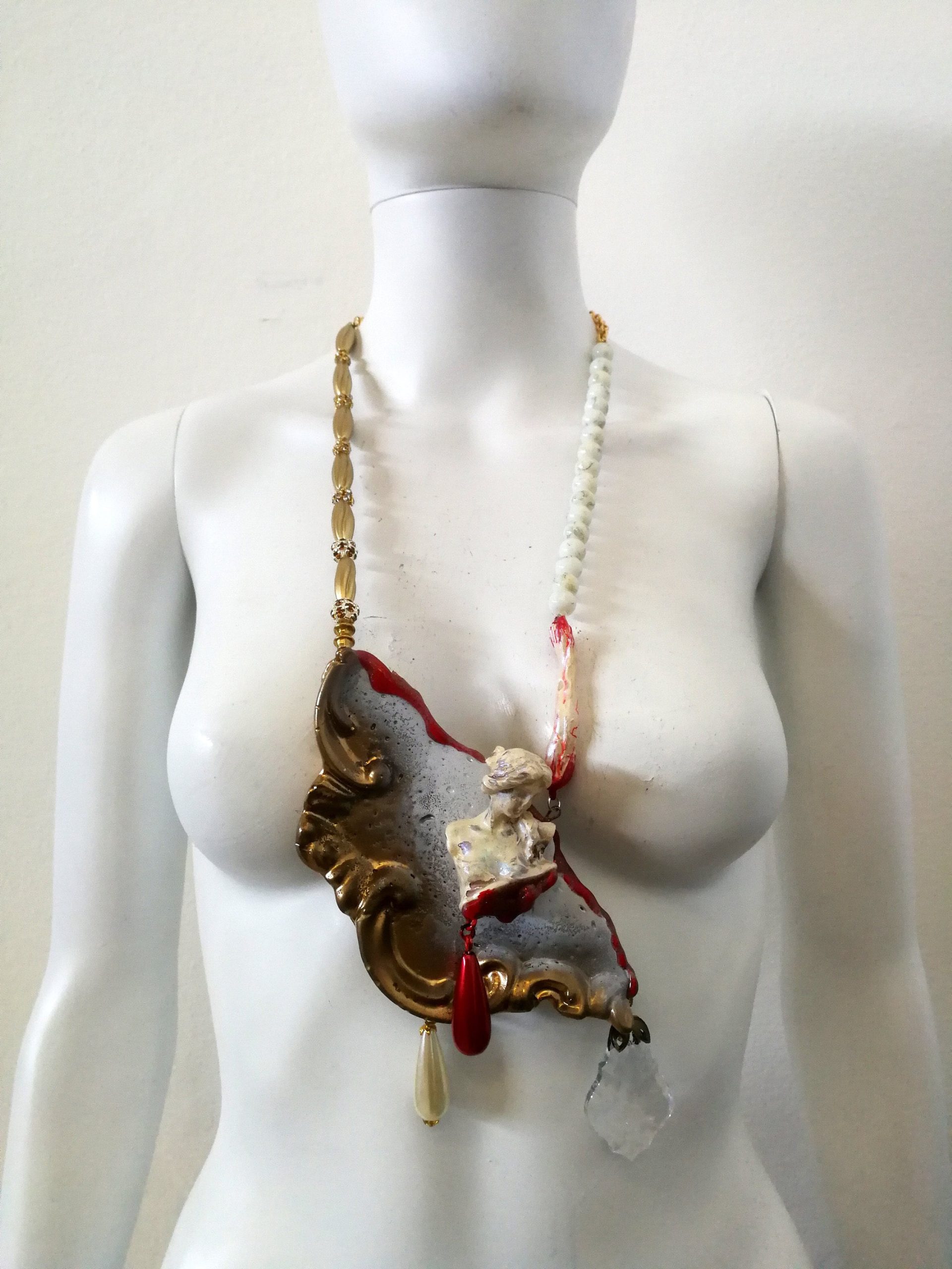 Dramatic Jewelry Baroque Luxury Bib Pendant, Sculptural Antique Statue Charm Crystal & Pearl Statement Necklace
