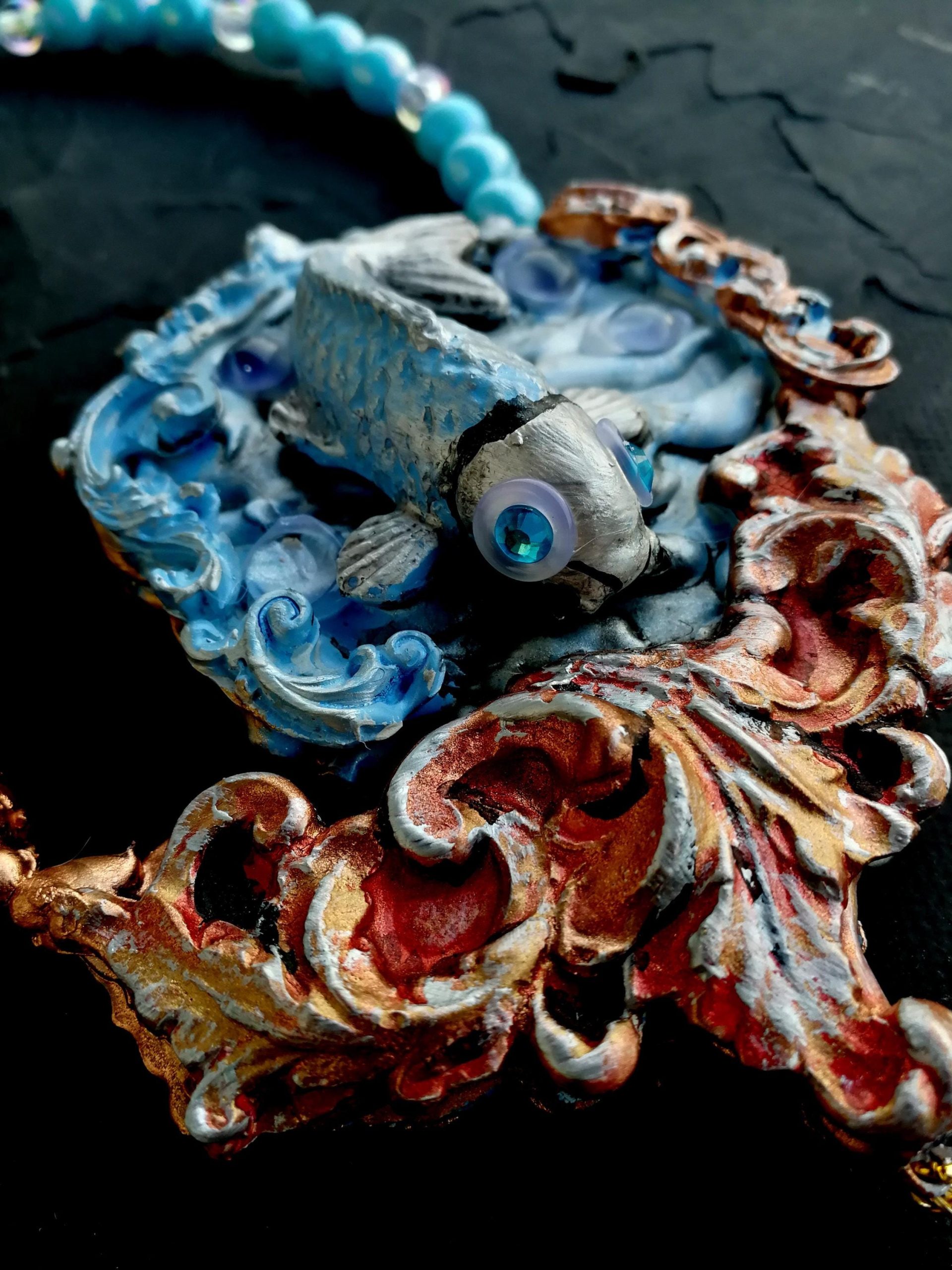 Art Deco Koi Fish Pearl Necklace, Handmade Sea Life Amulet