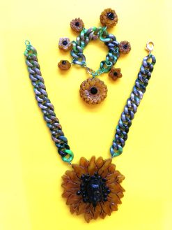 Sunflower Necklace and Bracelet Daisy Pendant, Floral Suit Set Jewelry, Sun Flower Brutalist Modernist