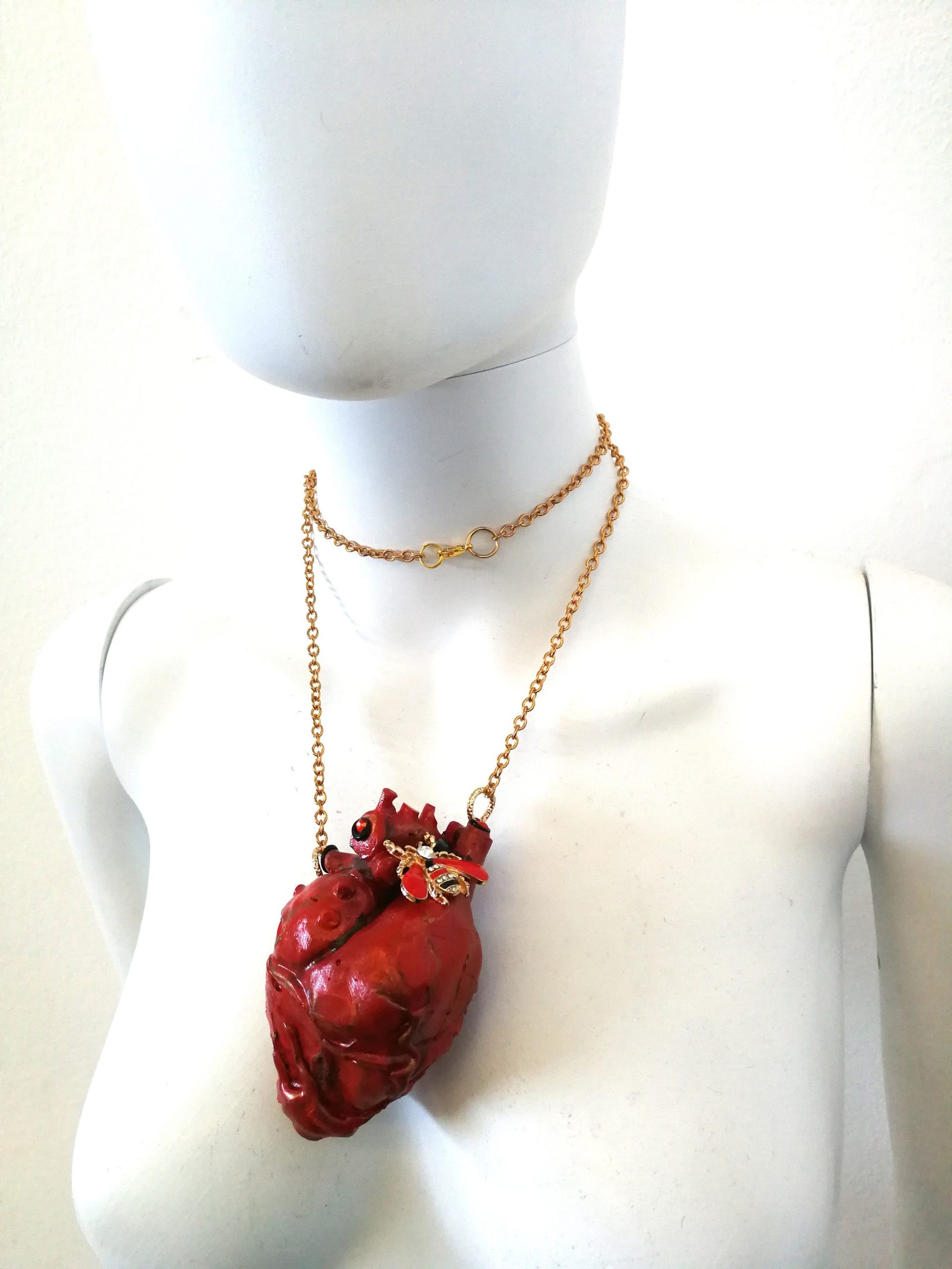 Anatomical Heart Red Necklace, Bee Nest Pendant Lucky Charm, Sculptural Statement Jewelry Choker Chain