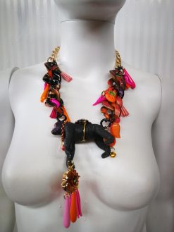 Handmade Monkey Pendant Necklace, Beaded Tassel Bib, Italian Couture