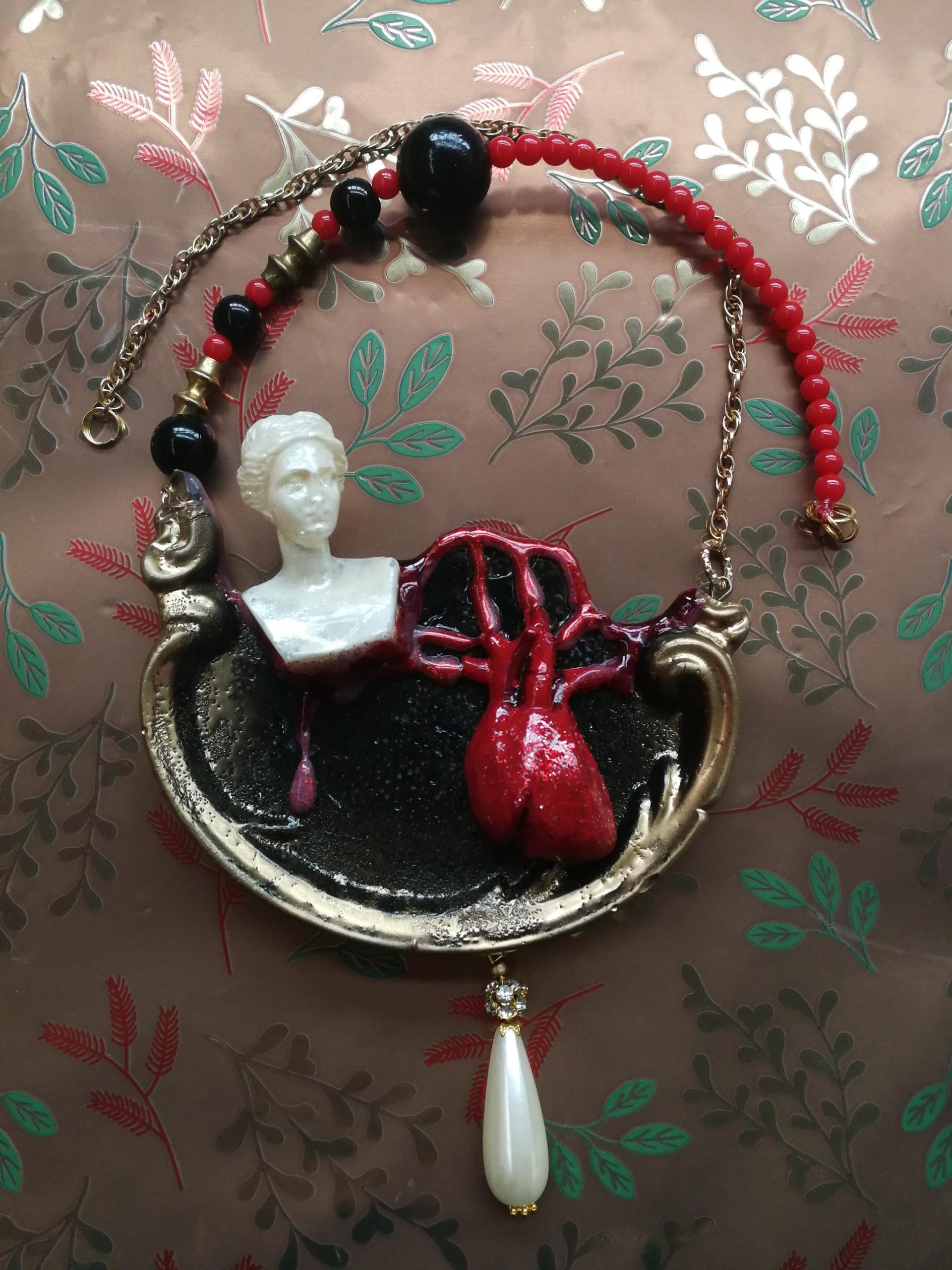 Brutalist Heart Pendant Necklace, Antique Statue, Pearl Jewelry