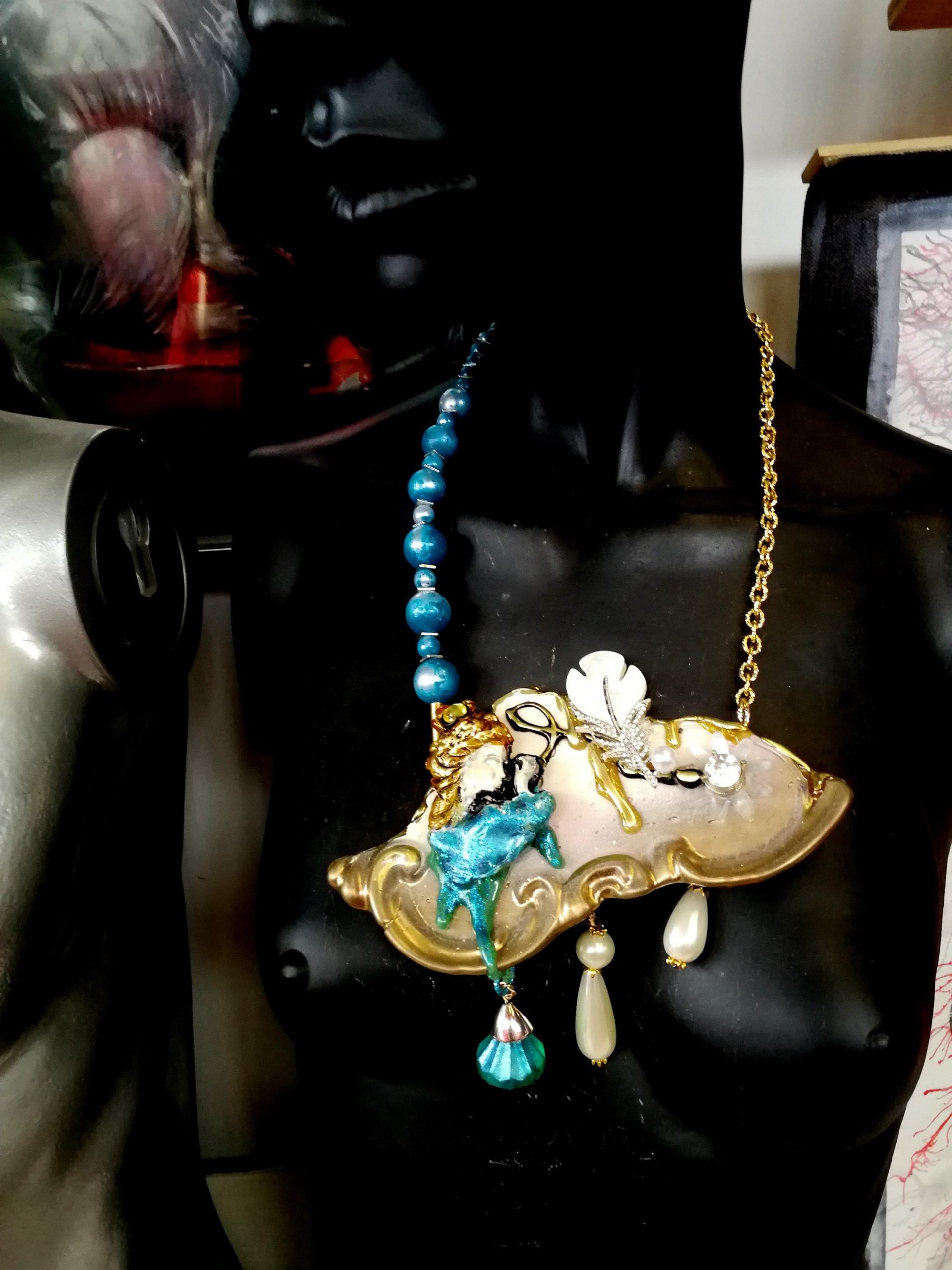 Brutalist Art Deco Bib Necklace, Doll Charm, Pearl Stone Pendant