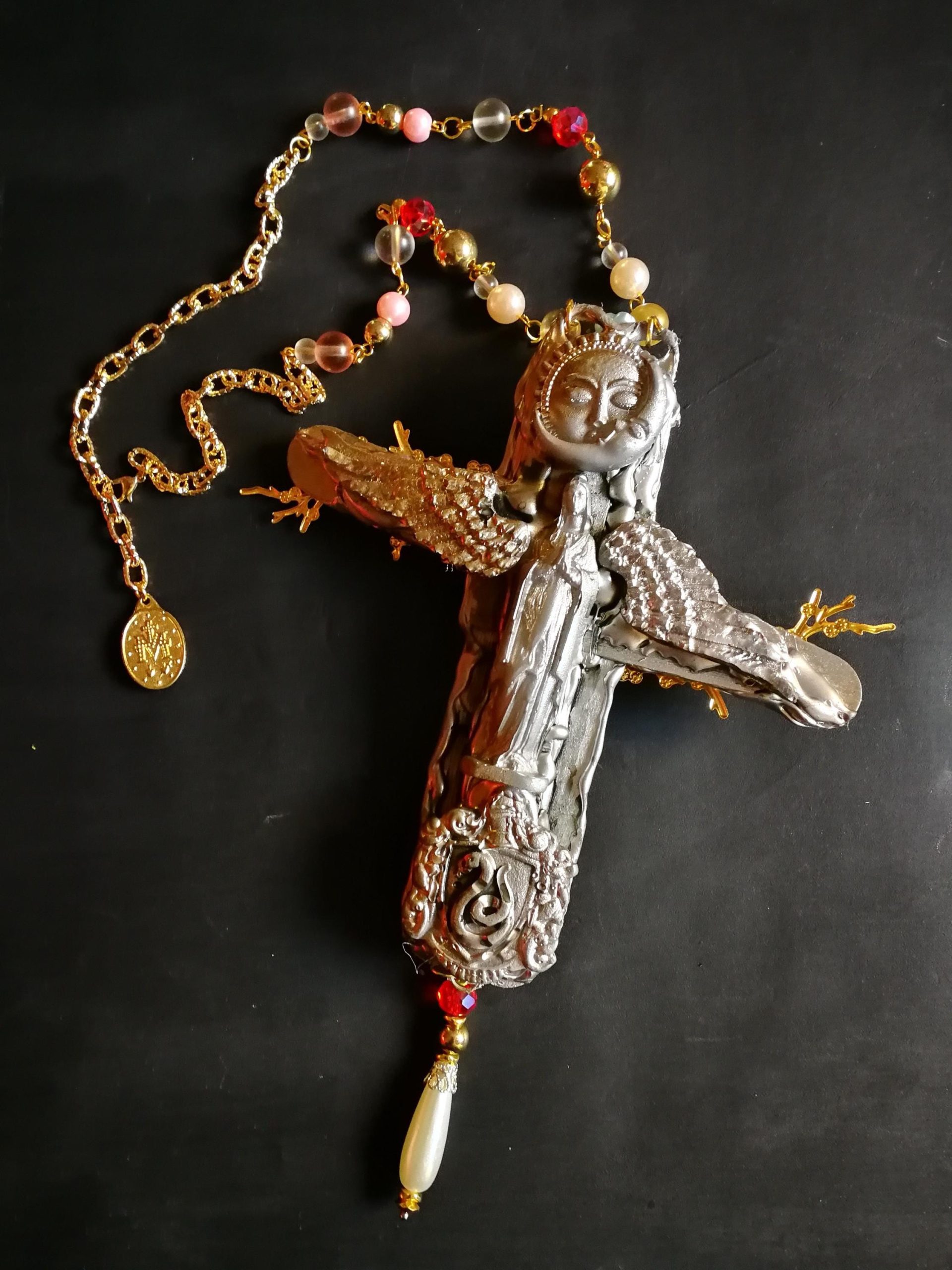 Baroque Virgin Mary Cross Pendant, Rococo Cherubim Bib Necklace