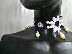 Bride Jewelry Set, Macrame Earrings Choker Embroidered, Pearl Wedding Accessories, Crochet Lace Flower Necklace