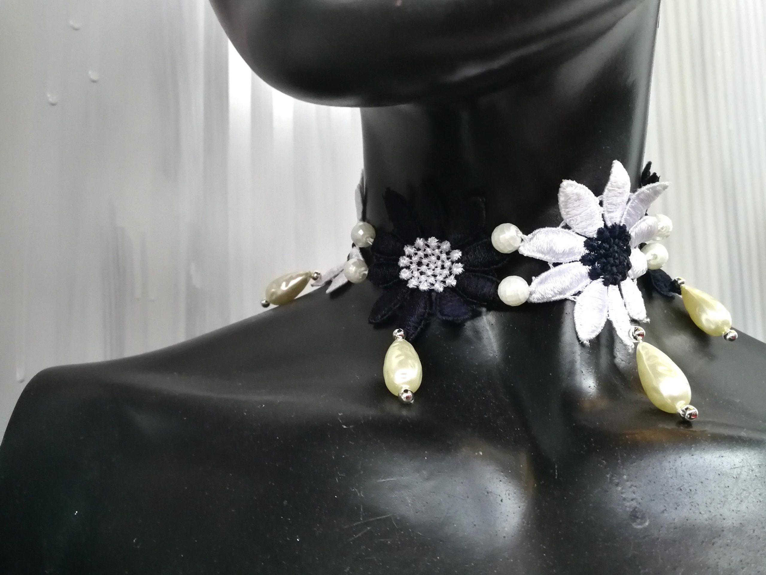 Bride Jewelry Set, Macrame Earrings Choker Embroidered, Pearl Wedding Accessories, Crochet Lace Flower Necklace