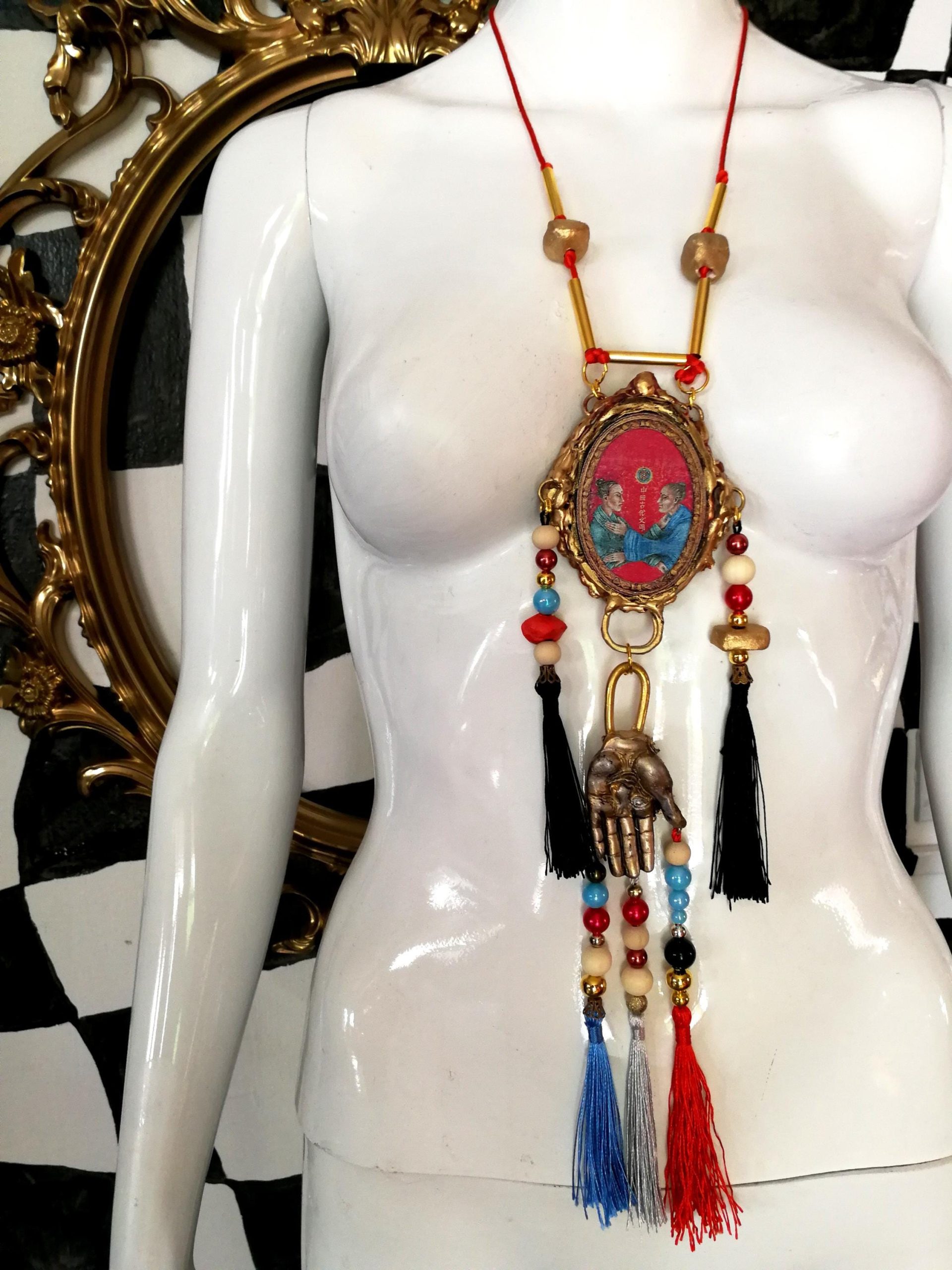 Buddha Jewelry, Statement Necklace Chunky Tribal Beaded Choker, Buddhist Pendant & Dragon Eye Sculptural Luxury
