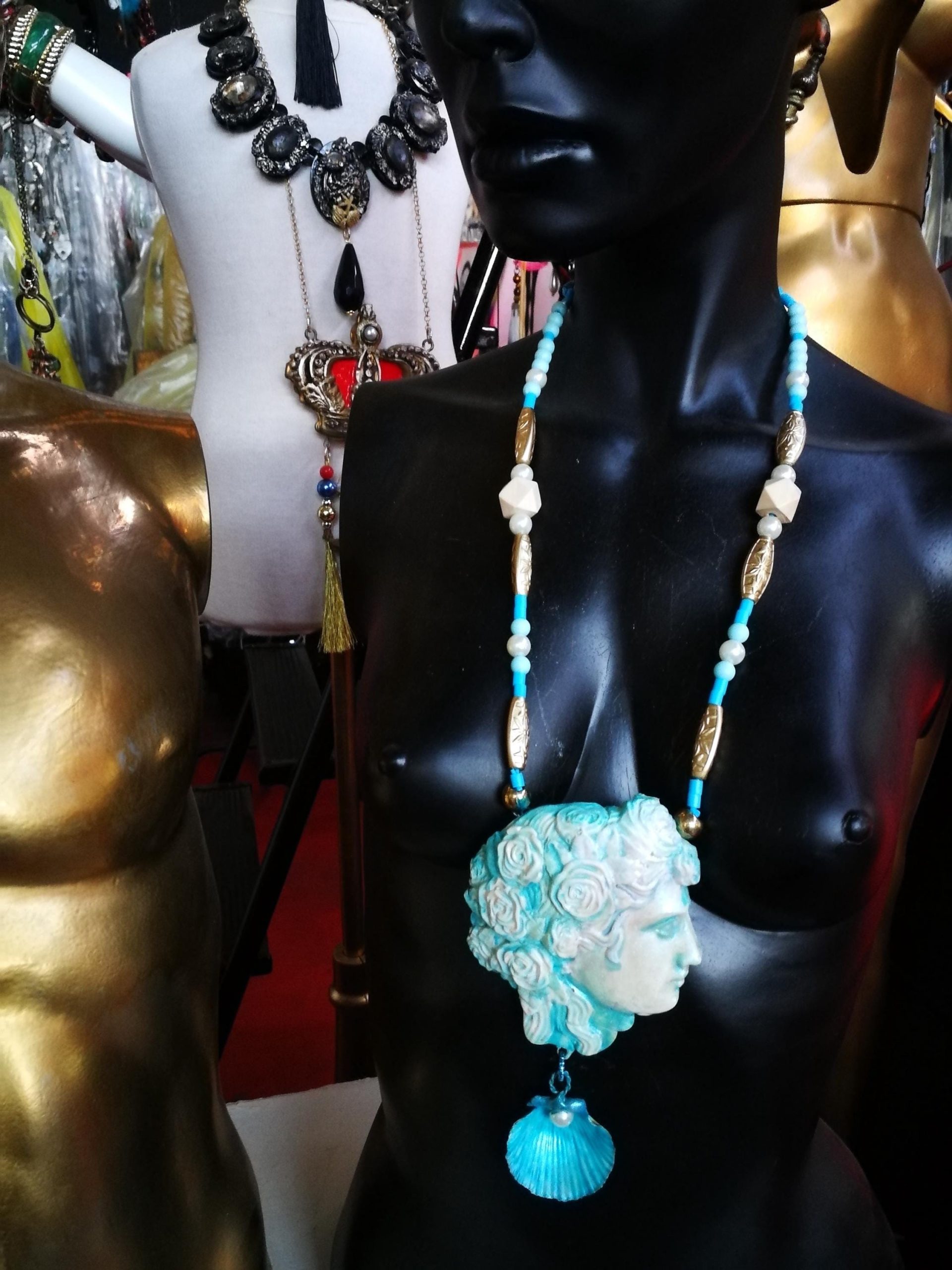 Greek Jewelry, Antique Mythology God Goddess Statue Sculpture Pendant, Big Bold Chunky Necklace Shell