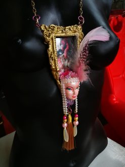 Pink Flamingo Jewelry, Exotic Bird Pendant, Doll Head Sculpture, Baroque Charm Necklace Feather & Tassel
