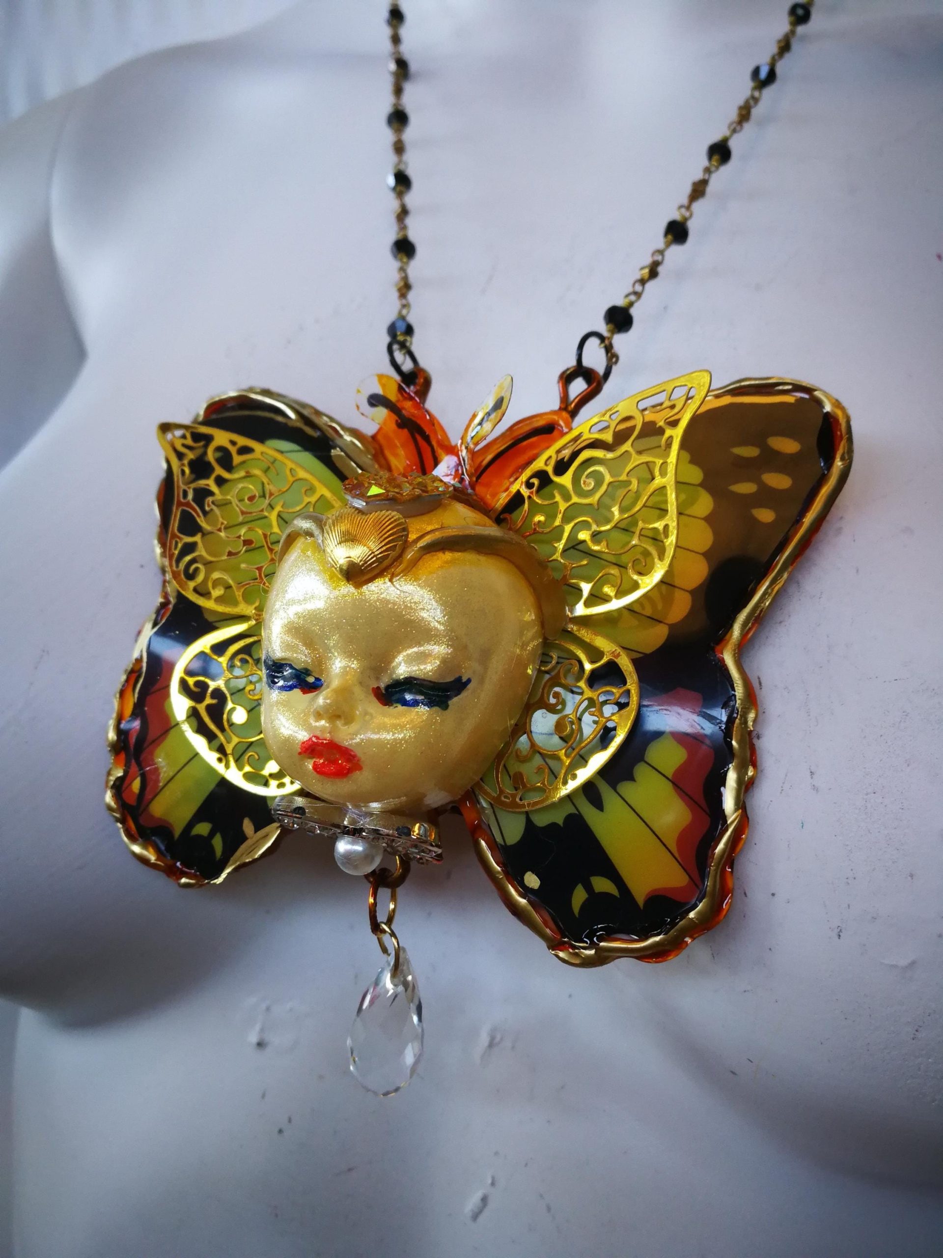 Butterfly Necklace, Doll Head Pendant Statement Jewelry, Sculptural Liberty Belle Epoque Golden Age Charm