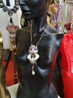 Art Deco Pendant - Statement Necklace Luxury Sculpted Doll, Natural Pearl Vintage Gemstone Couture Jewelry