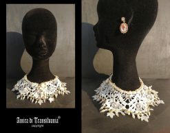 Wednesday Addams Macrame Collar Choker, Embroidered Lace Bib, Crystals & Pearls