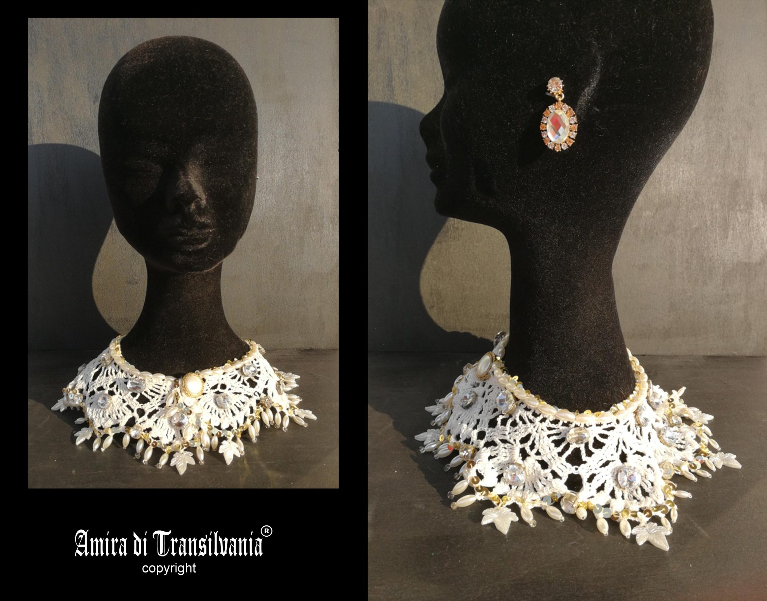 Wednesday Addams Macrame Collar Choker, Embroidered Lace Bib, Crystals & Pearls