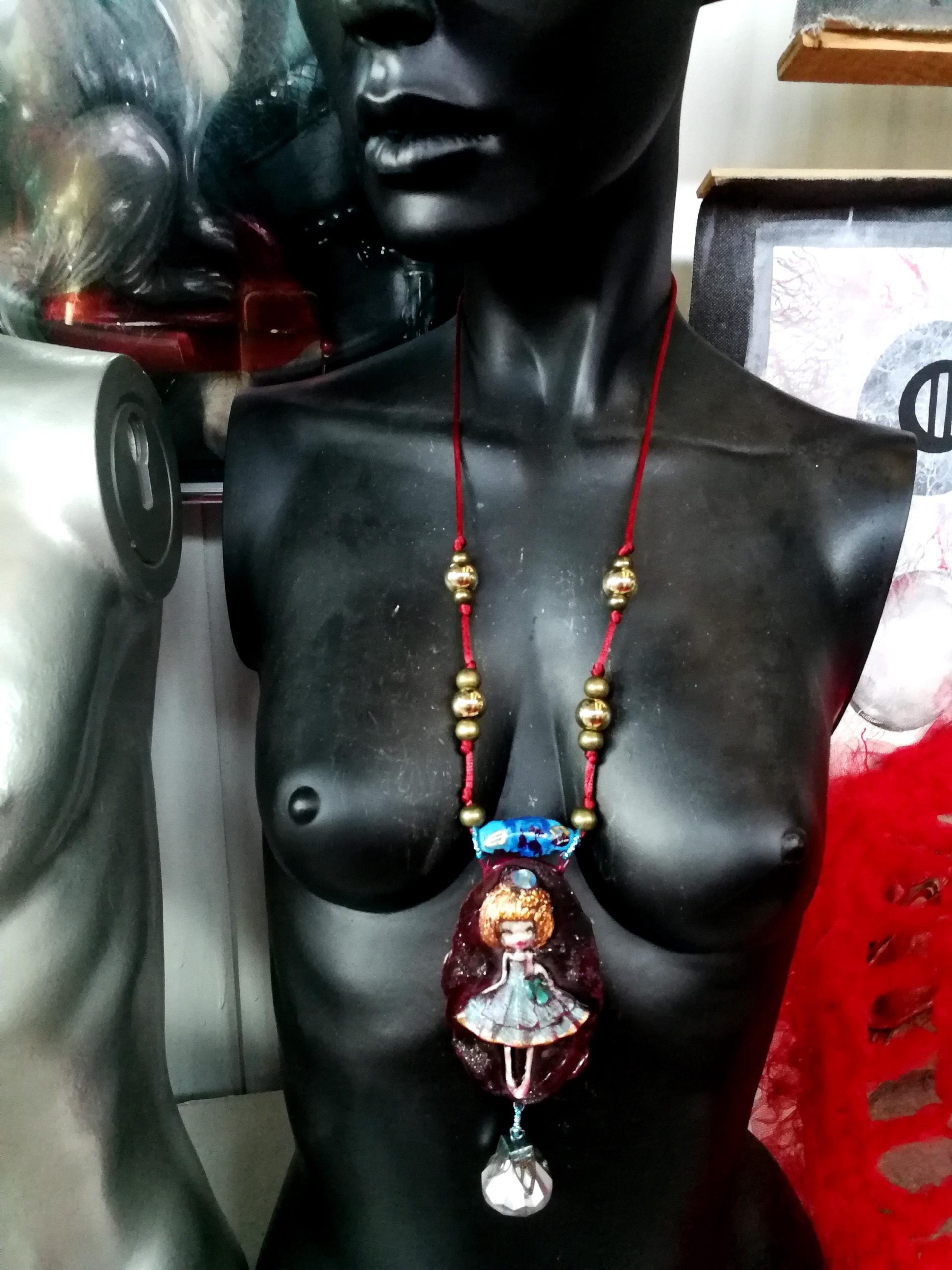 Polymer Clay Doll Pendant, Handmade Fantasy Beaded Necklace, Dolly Doom Collection OOAK Sculpture Necklace