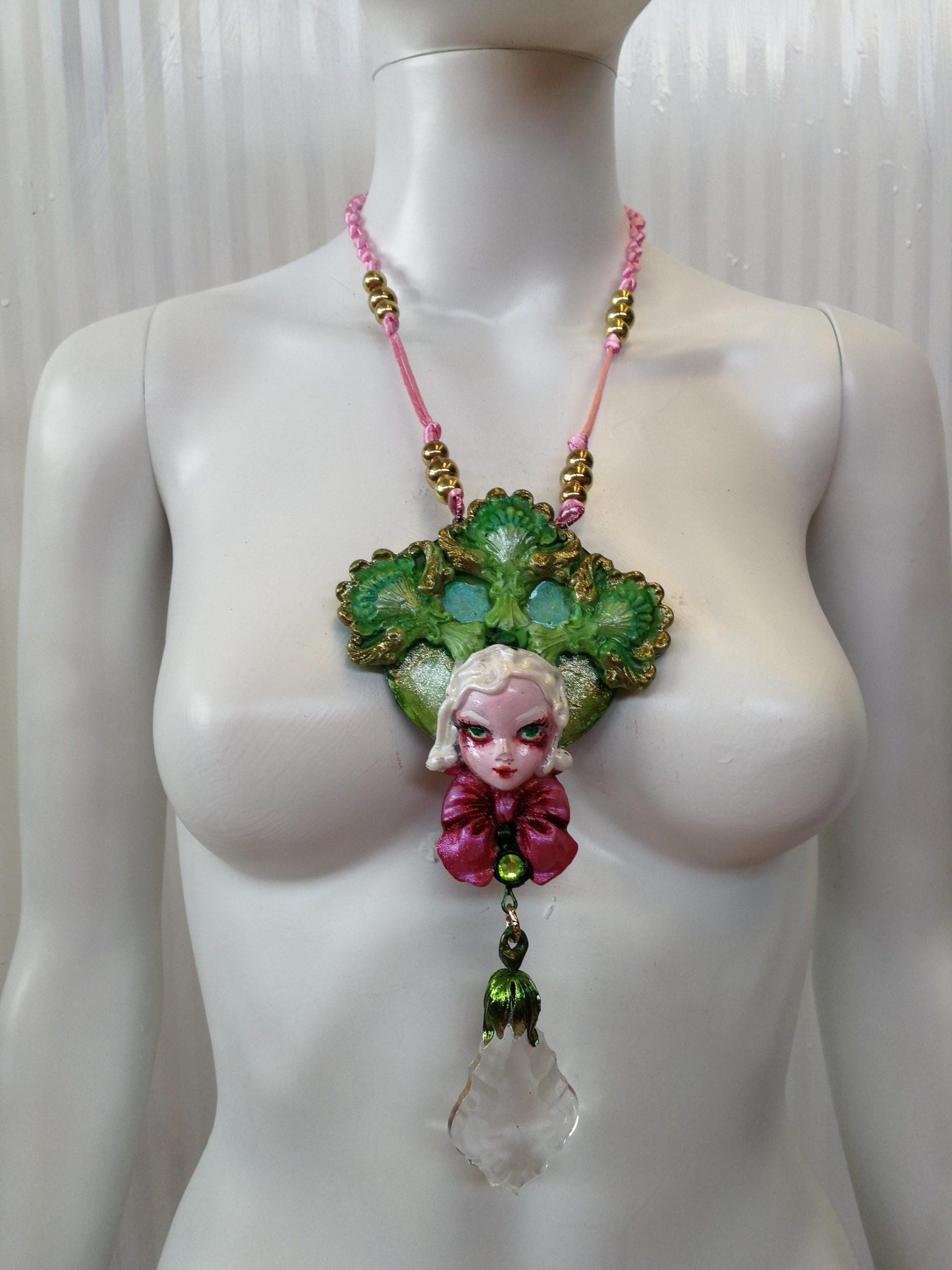 Statement Jewelry, Belle Epoque Sculpture Pendant, Four Leaf Clover Necklace Bib, Flower Crystal Charm