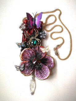 Art Nouveau Necklace, Flower Leaf Elegant Pendant, Jewelry Spider Insect, Butterfly Orchid Crystal Charm