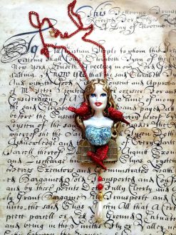 Belle Epoque Jewelry, Art Deco Doll Head Sculpture Pendant, Red Bird Cage Golden Liberty