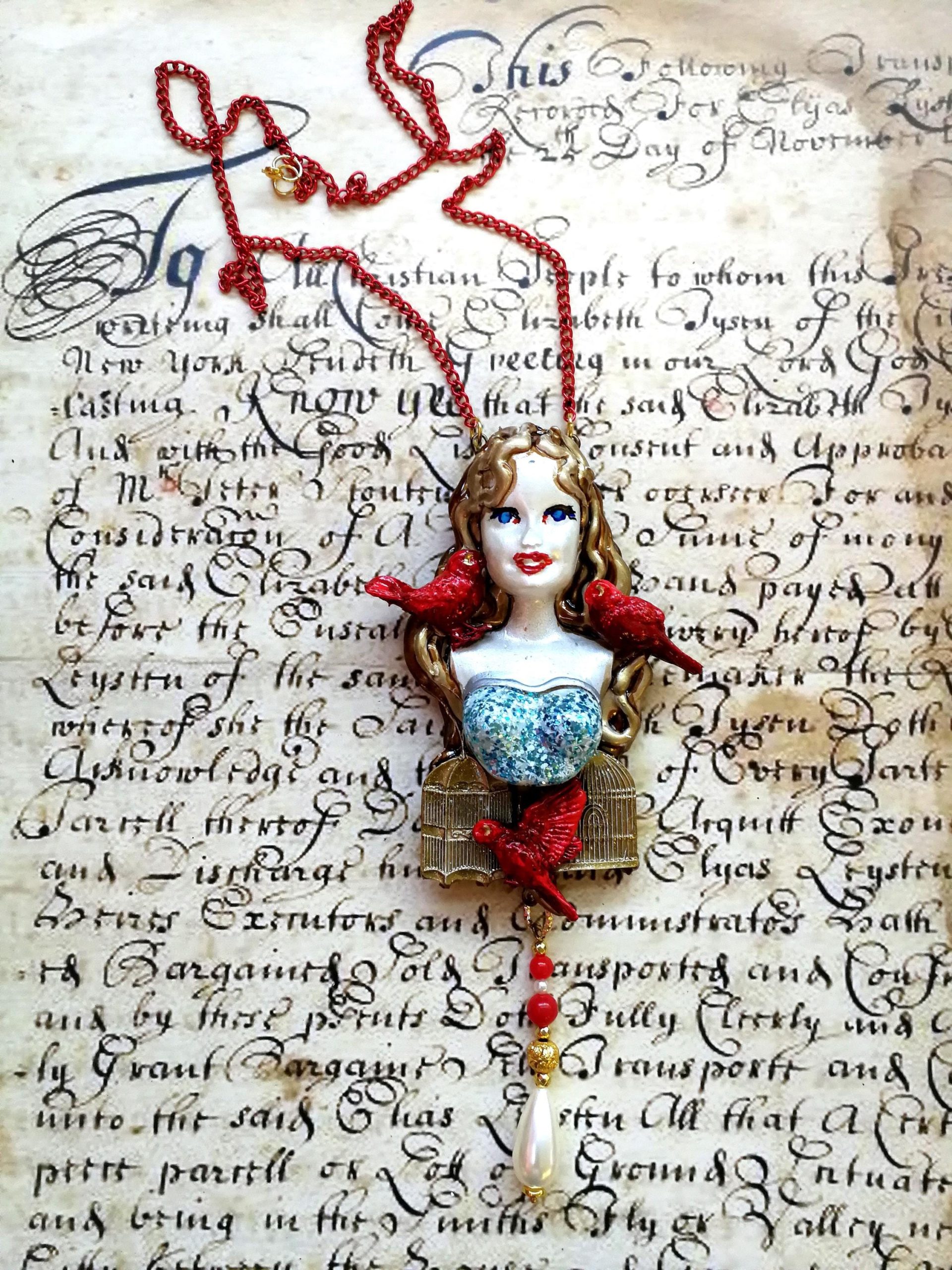 Belle Epoque Jewelry, Art Deco Doll Head Sculpture Pendant, Red Bird Cage Golden Liberty