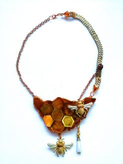 Statement Jewelry, Queen Bee Necklace Luxury Gold Bumble Honey Insect Pendant Sculptural Gemstone Charm