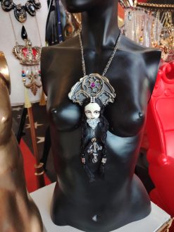 Gothic Necklace, Doll Head Sculpture Pendant, Wednesday Addams Goth Jewel Charm, Fairy Tale Jewelry