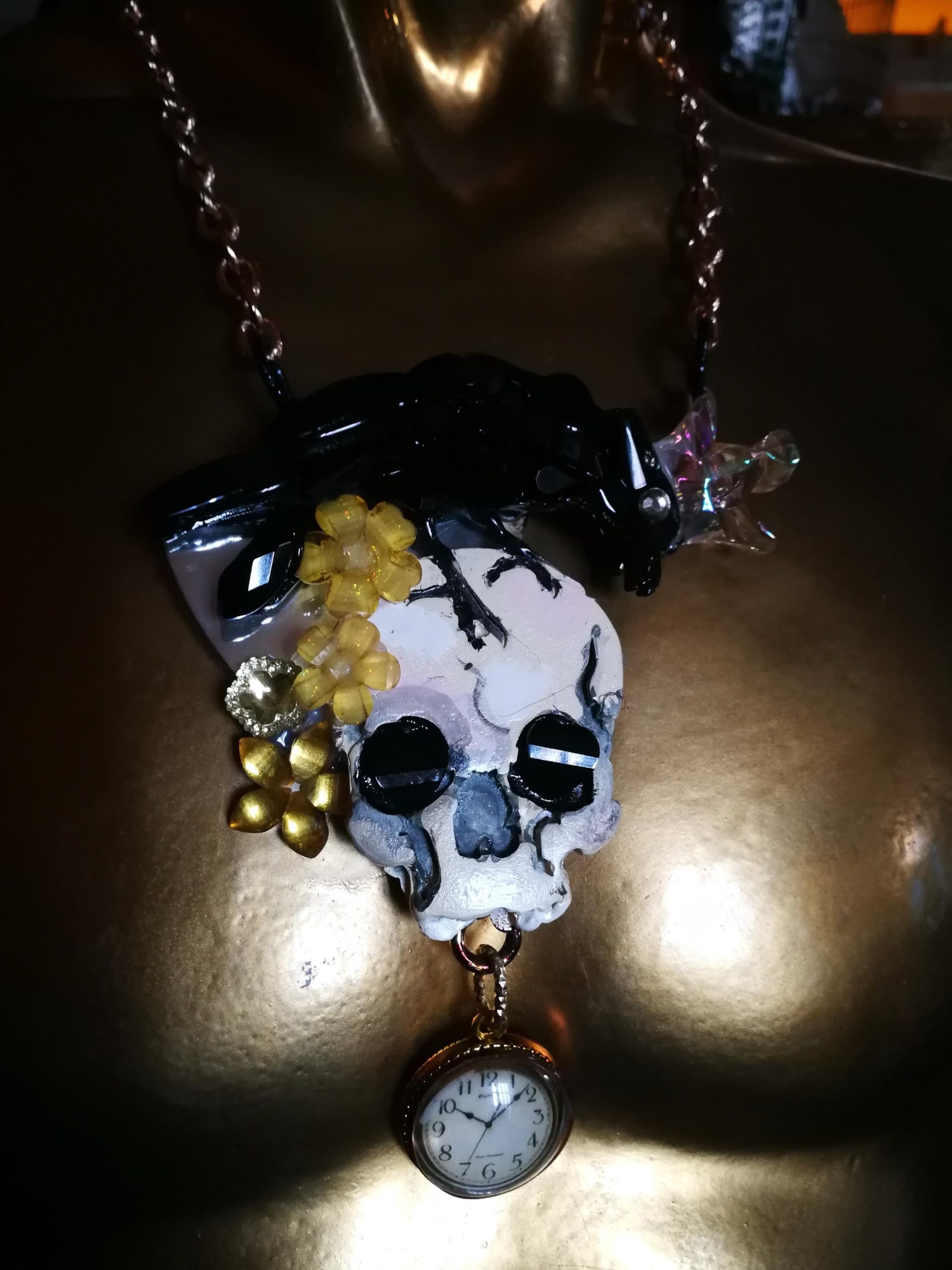 Victorian Gothic Jewelry, Baroque Statement Pendant Memento Mori, Skull Crowned Crow Black Raven Necklace