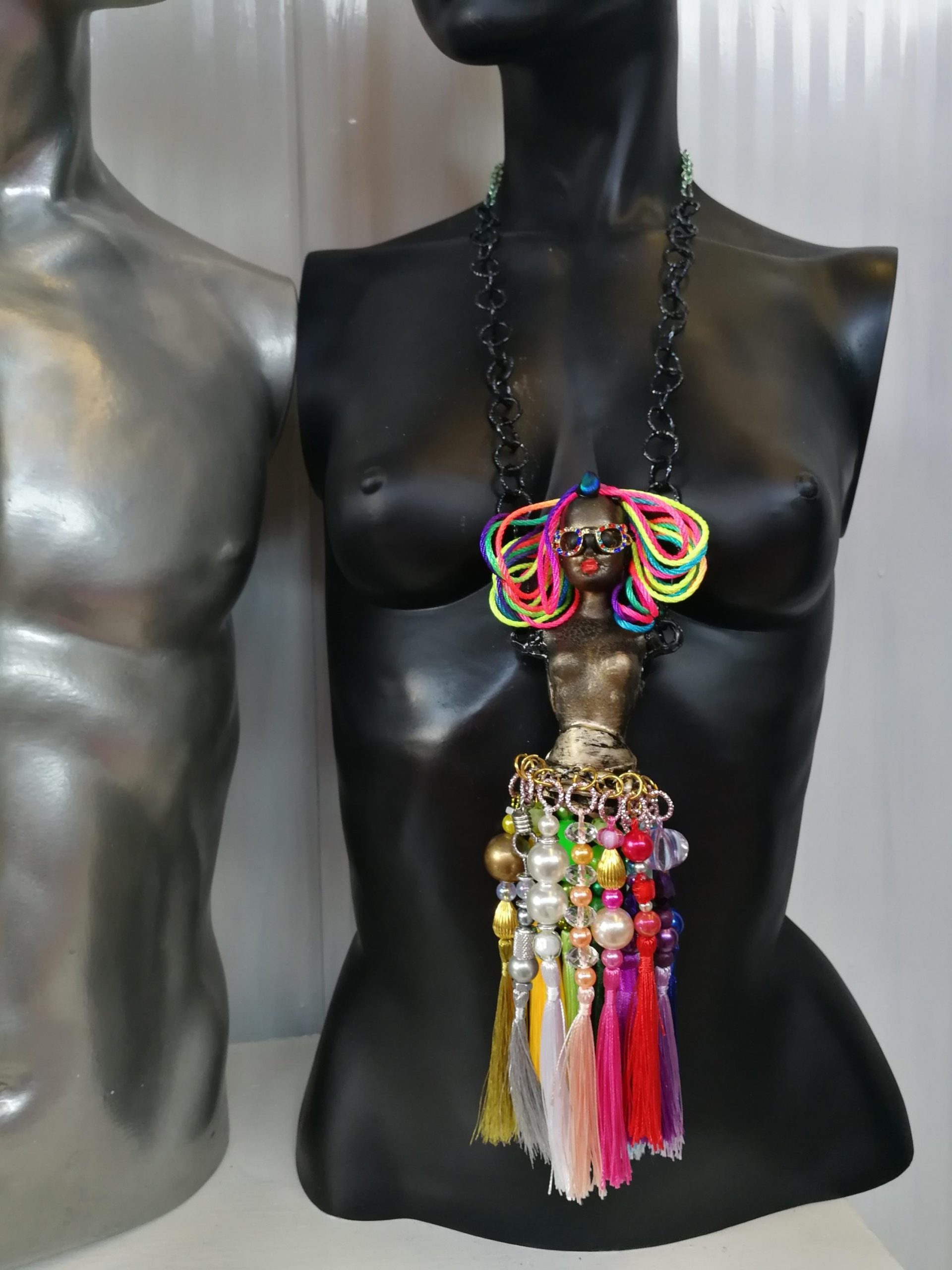 African American Doll Statement Necklace, Chunky Bold Sculpture Jewelry, Tassel Pendant Chain & Beaded Charm