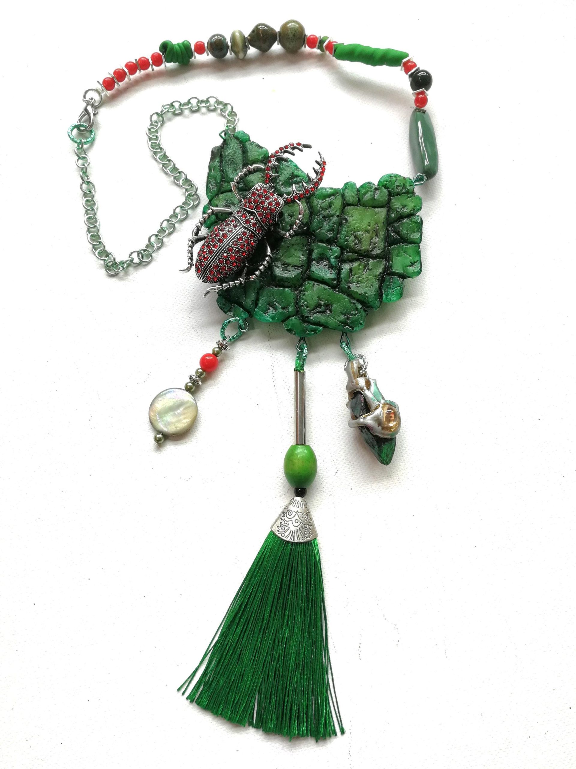 Scarab Beetle Pendant, Insect Necklace Forest, Maximalist Luxury Statement Jewelry Bib Tassel Charm Stone
