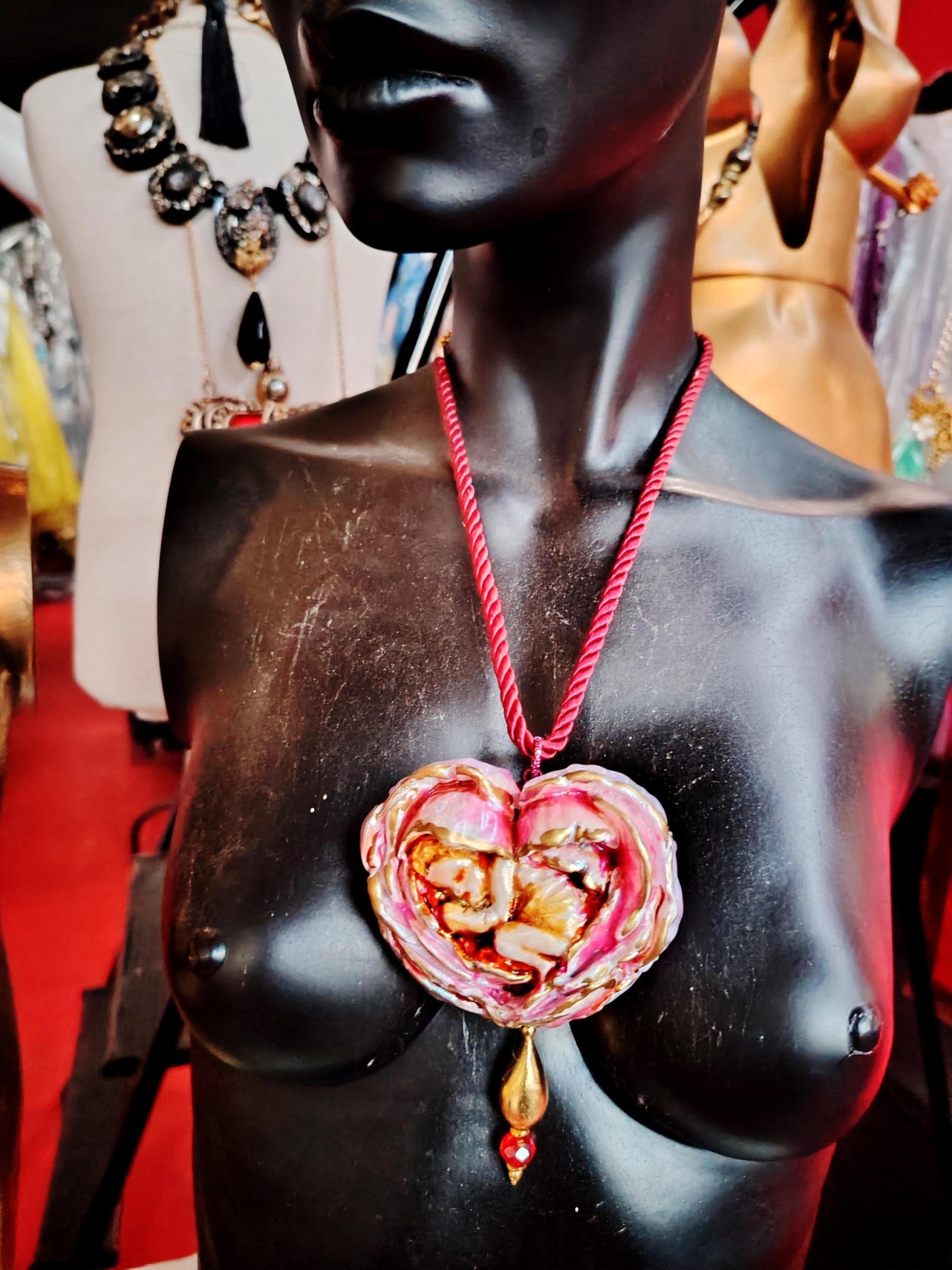 Art Nouveau Necklace, Peony Flowers Heart Pendant, Doll Child Baby Newborn Slepping, Jewelry Charms