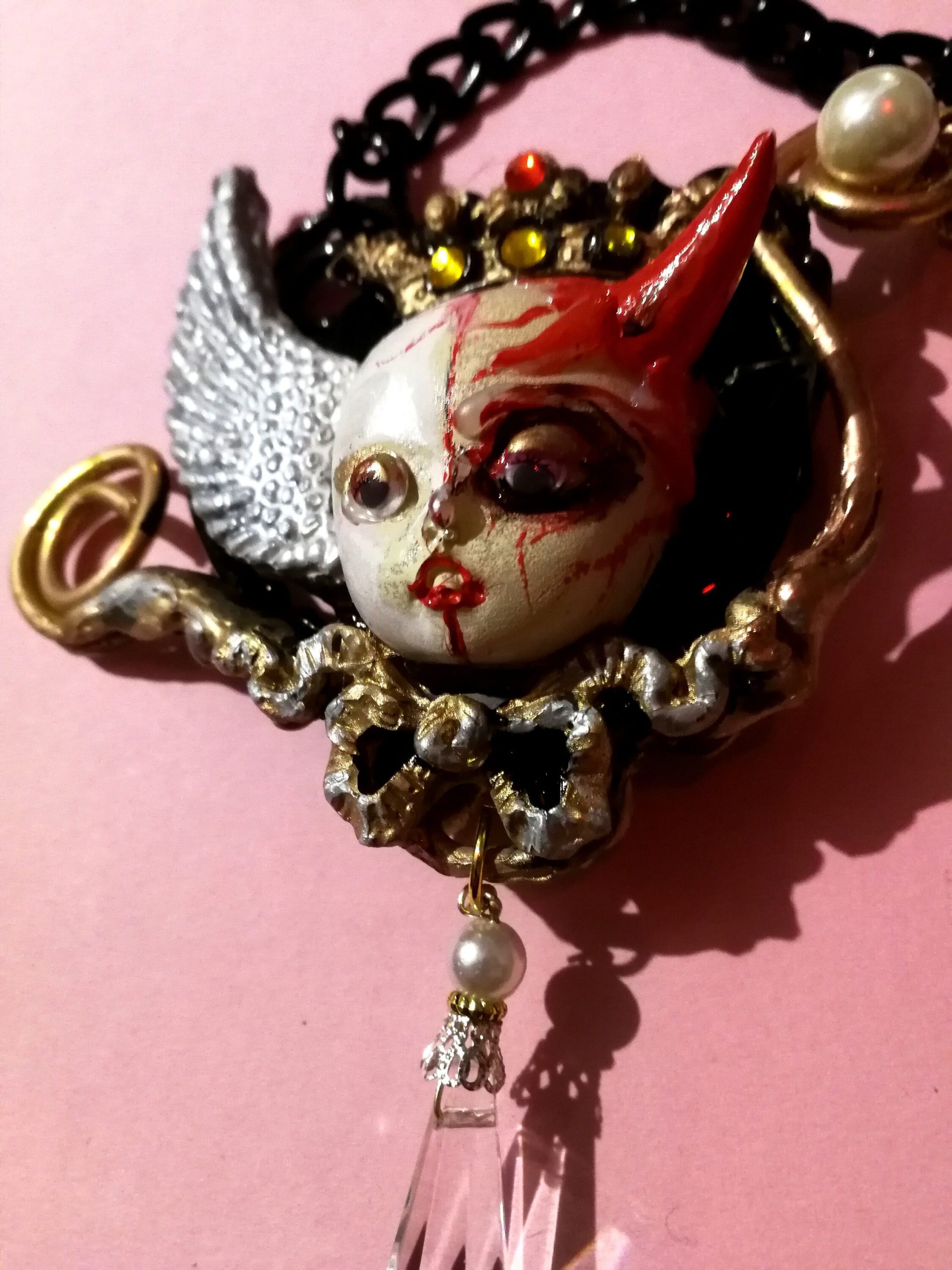 Angel and Demon Pendant, Vintage Doll Necklace, Devil Horn Jewelry, Winged Cherub Beaded Charm