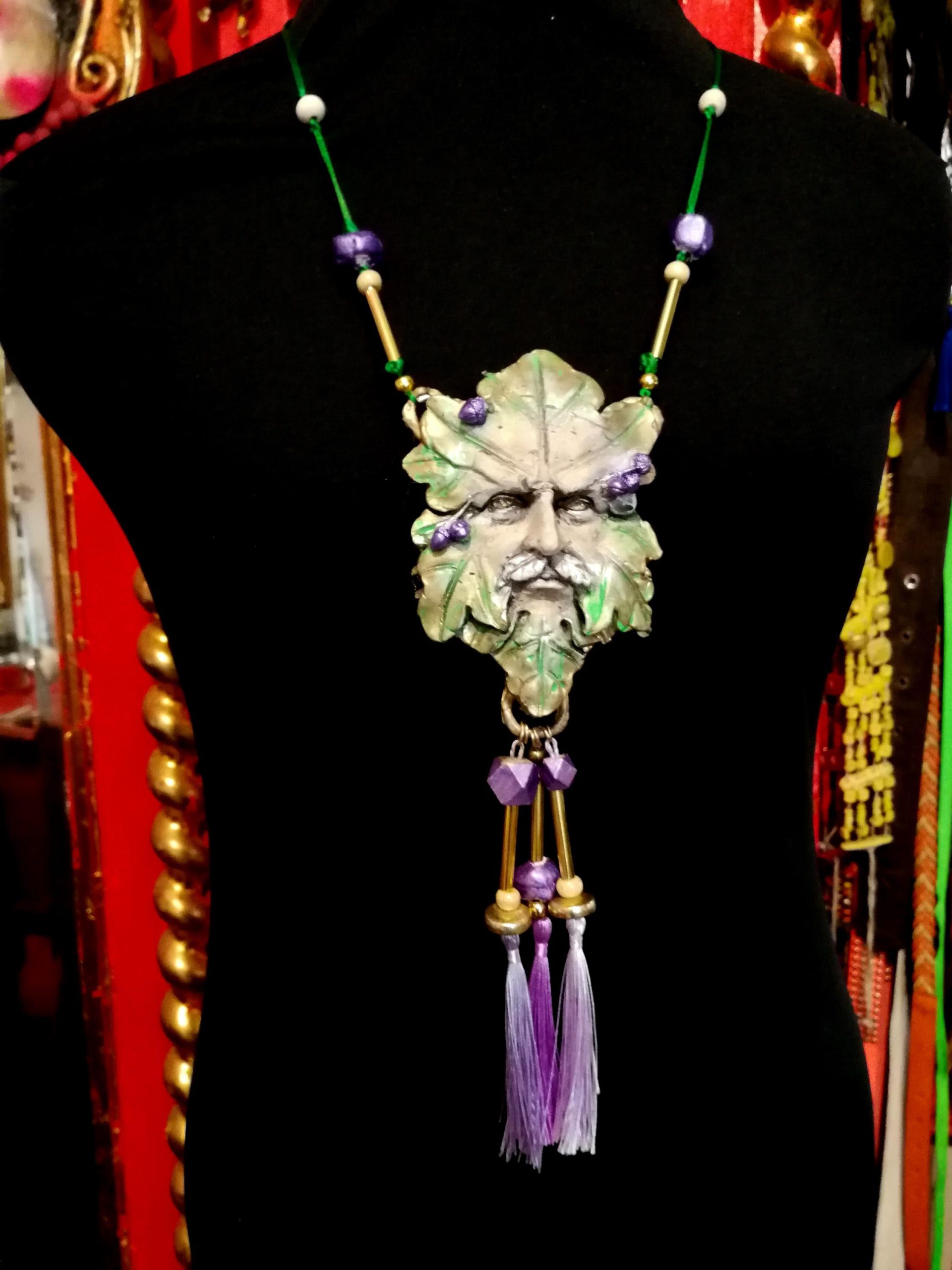 Designer Jewelry, Chunky Pendant Forest Spirit Guide, Green Elf Little People Locket Necklace Charm