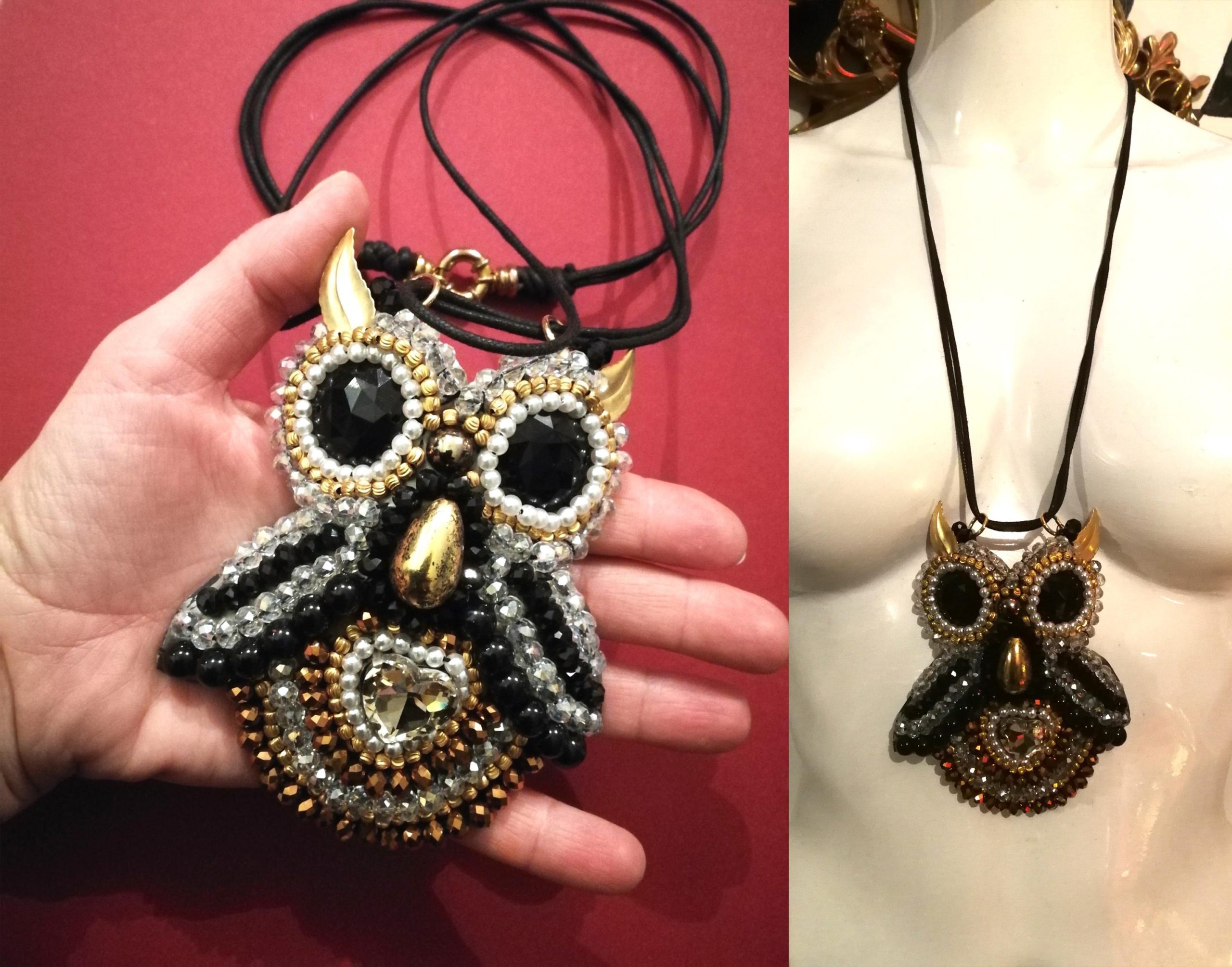 Owl Pendant, Statement Jewelry Nocturnal Bird Gothic Necklace, Embroidered Pendant Beaded Pearl Crystal Charm