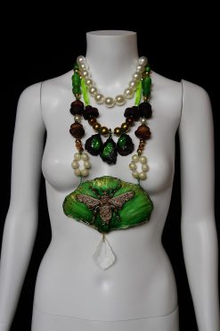 Fine Jewelry, Fan Leaf Bold Necklace, Chunky Pendant Art Nouveau Nature Pearl Crystal Charm