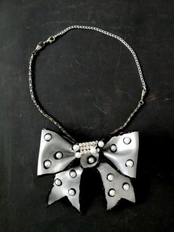 Big Bow Silver Pendant Necklace, Pearl Choker, Handmade Italian Couture