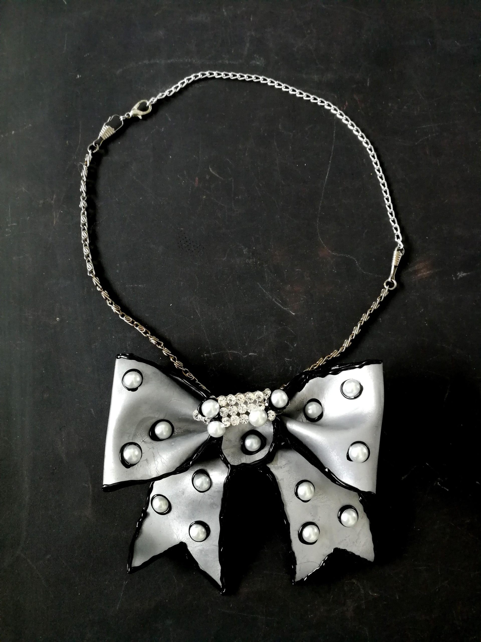 Big Bow Silver Pendant Necklace, Pearl Choker, Handmade Italian Couture