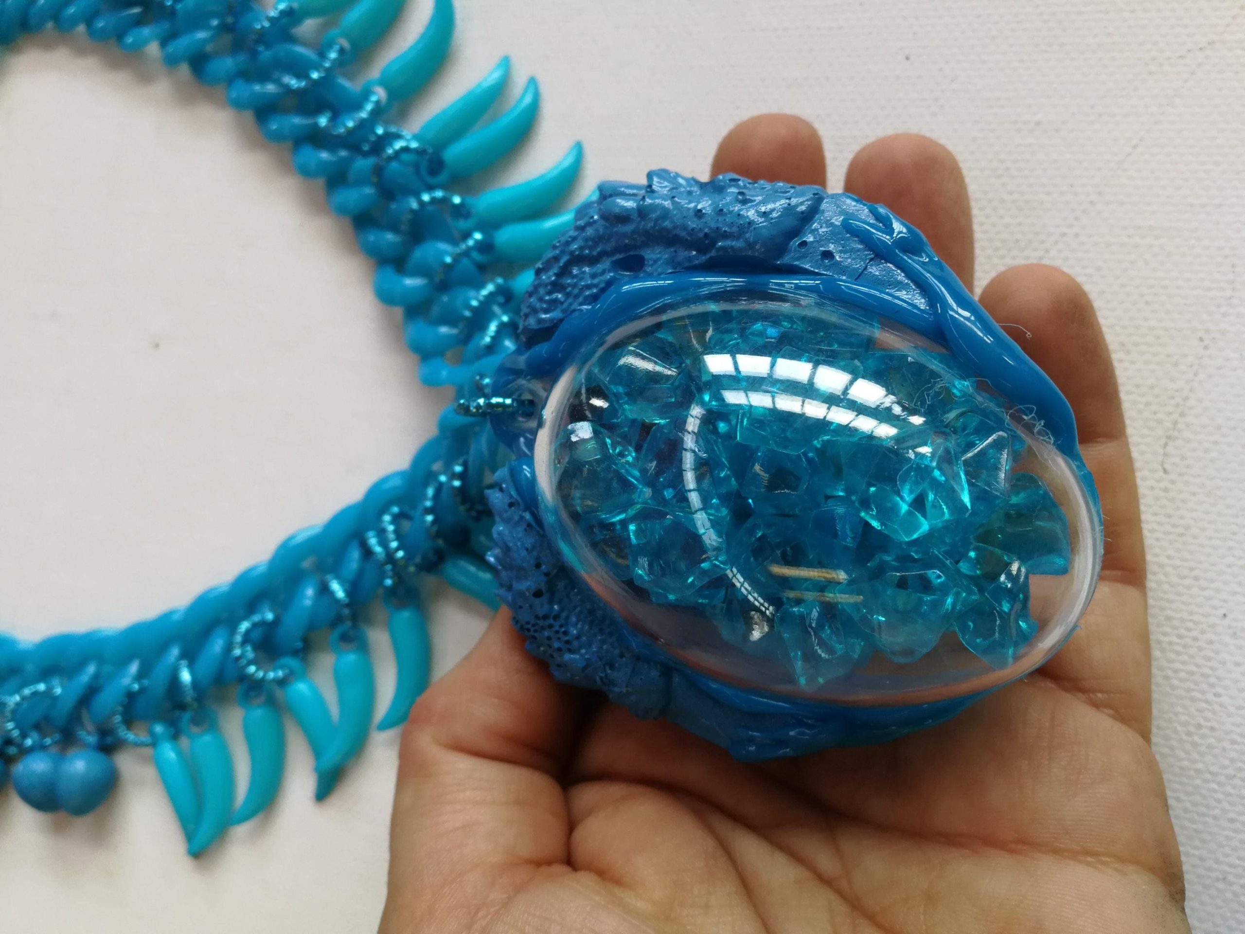 Dragon Egg, Futuristic Necklace, Cornicello Italian Horn Charm, Fantasy Fairy Tale Pendant, Transparent Jewelry