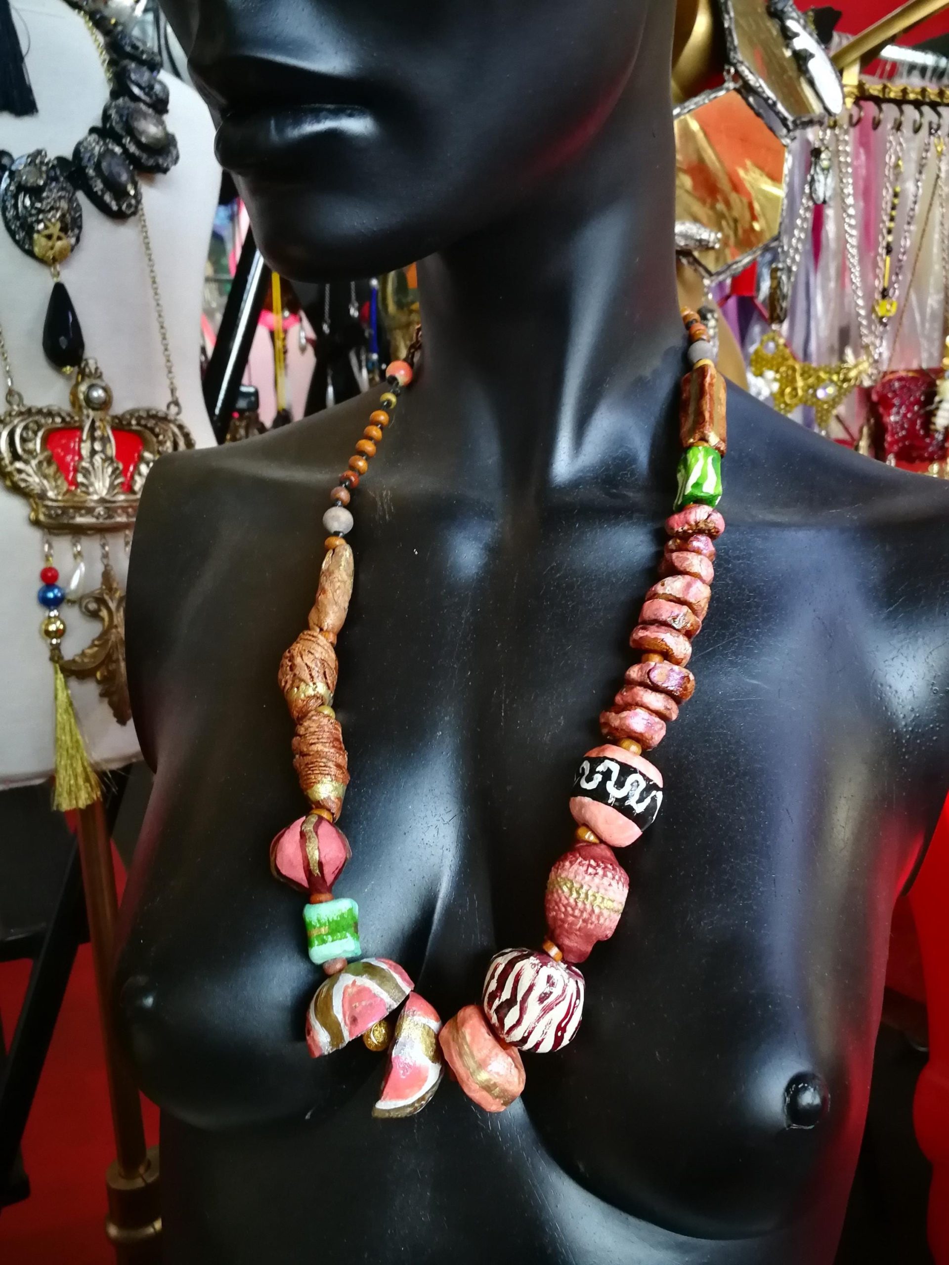 Luxury Jewelry Black Pink Gold Sculpted Beaded Statement Necklace, Haute Couture Orb Design OOAK